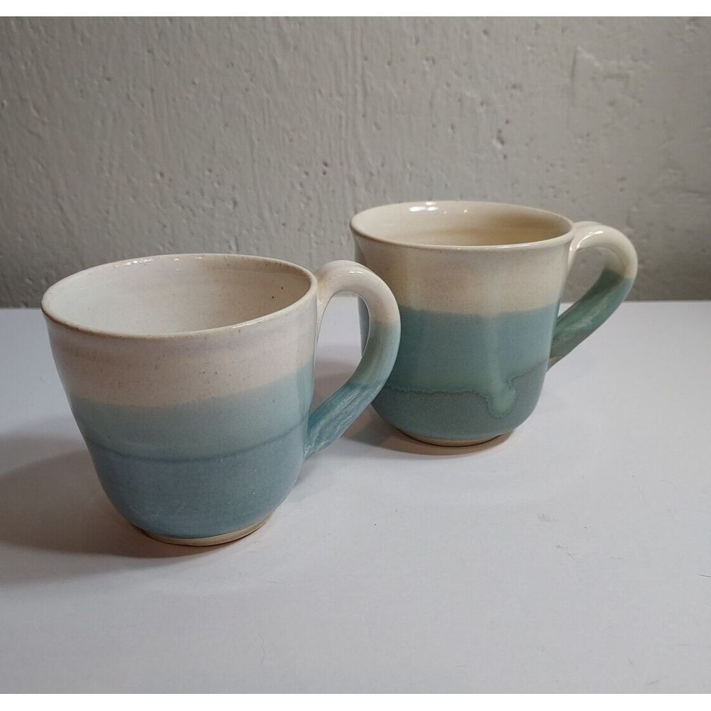 Handmade Signed Studio Pottery Coastal Blue Cream Ombre Coffee Mugs Set of 2
